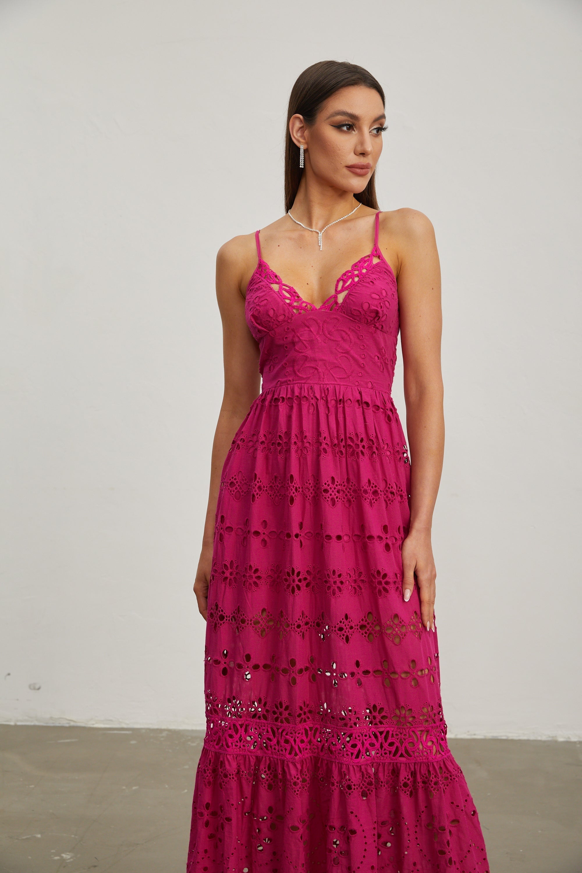 Quitterie Ahududu Dantel Kolsuz Midi Elbise