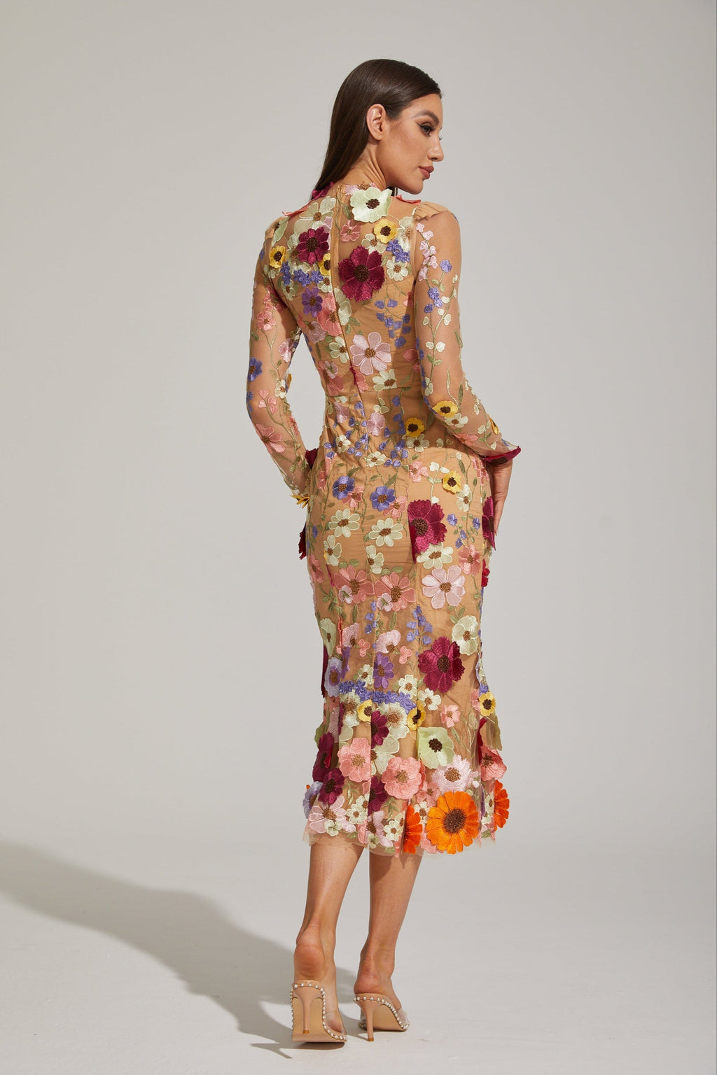 Çiçek Desenli Tül Midi Elbise