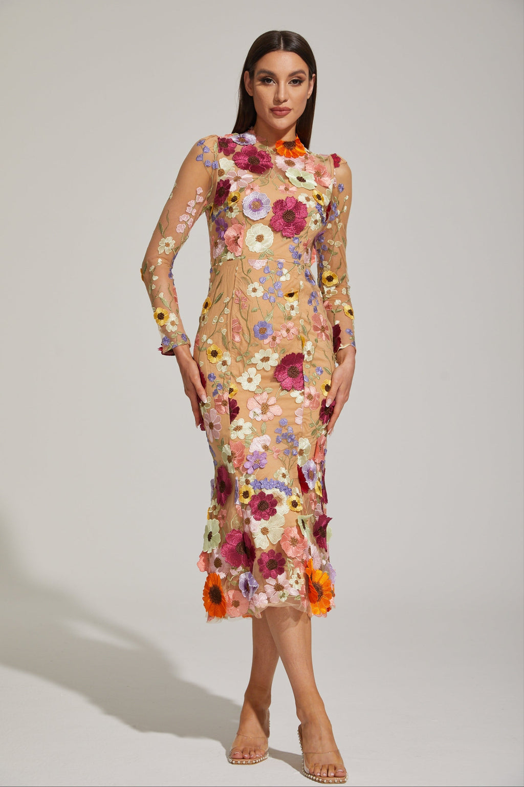 Çiçek Desenli Tül Midi Elbise