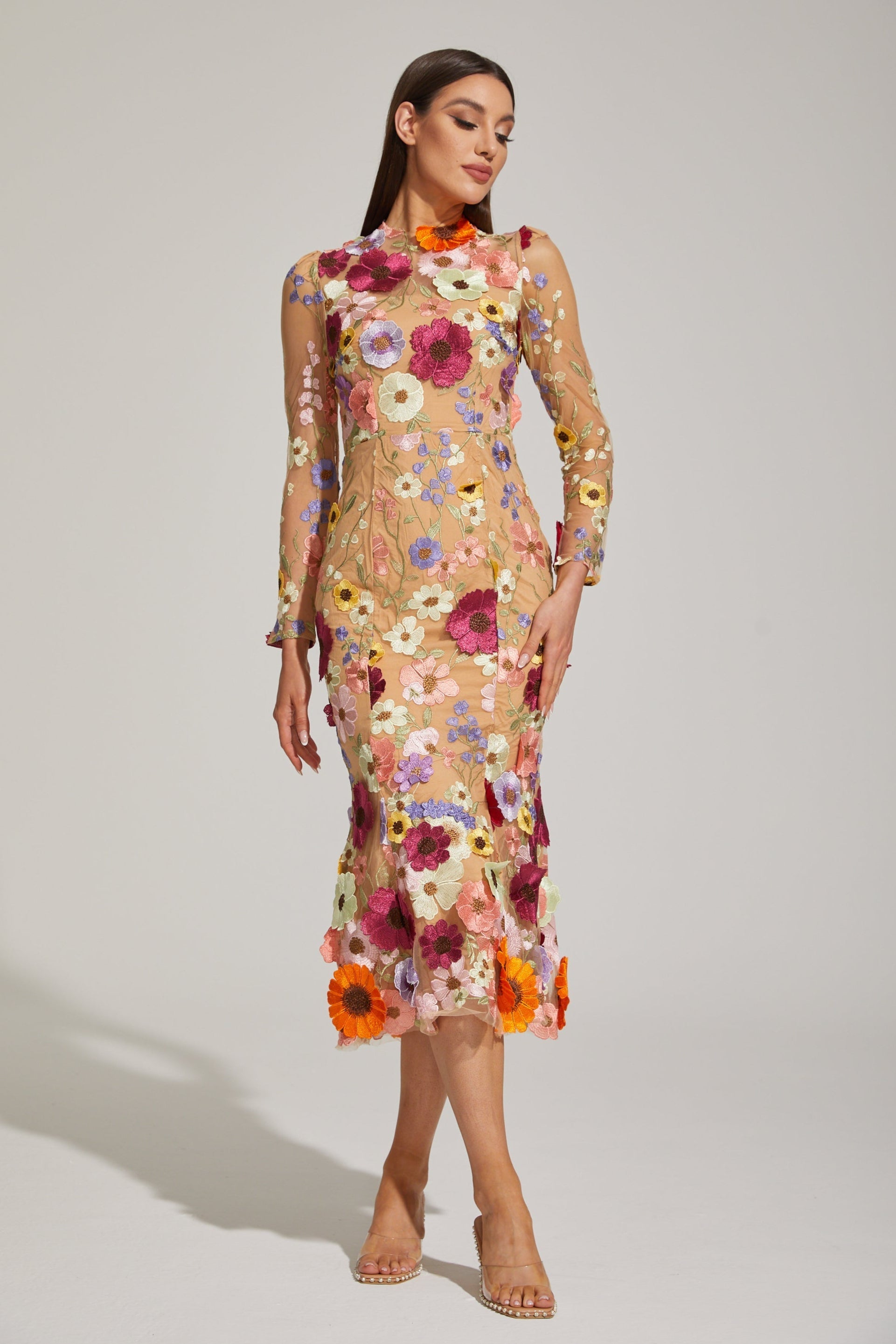 Çiçek Desenli Tül Midi Elbise