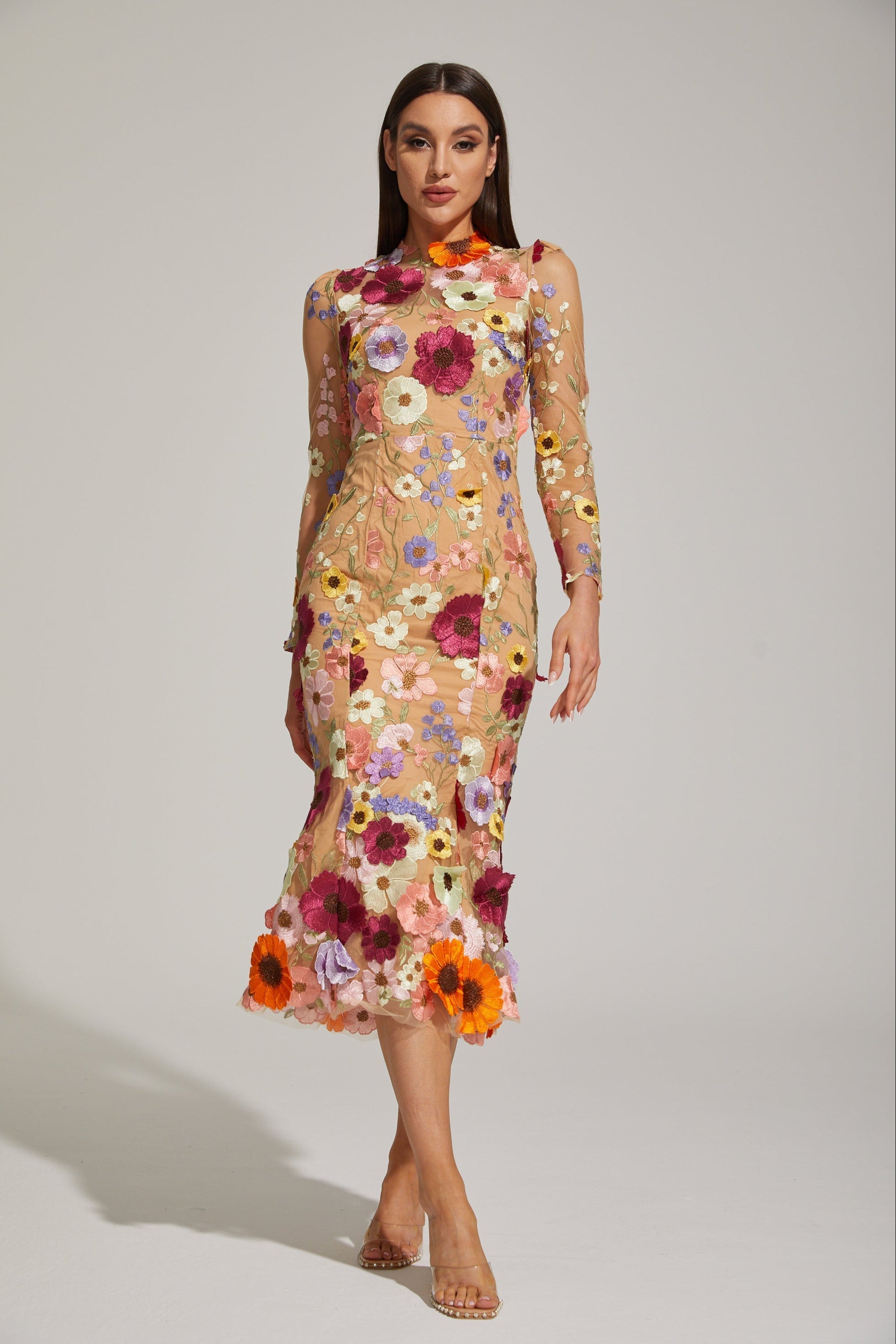 Çiçek Desenli Tül Midi Elbise