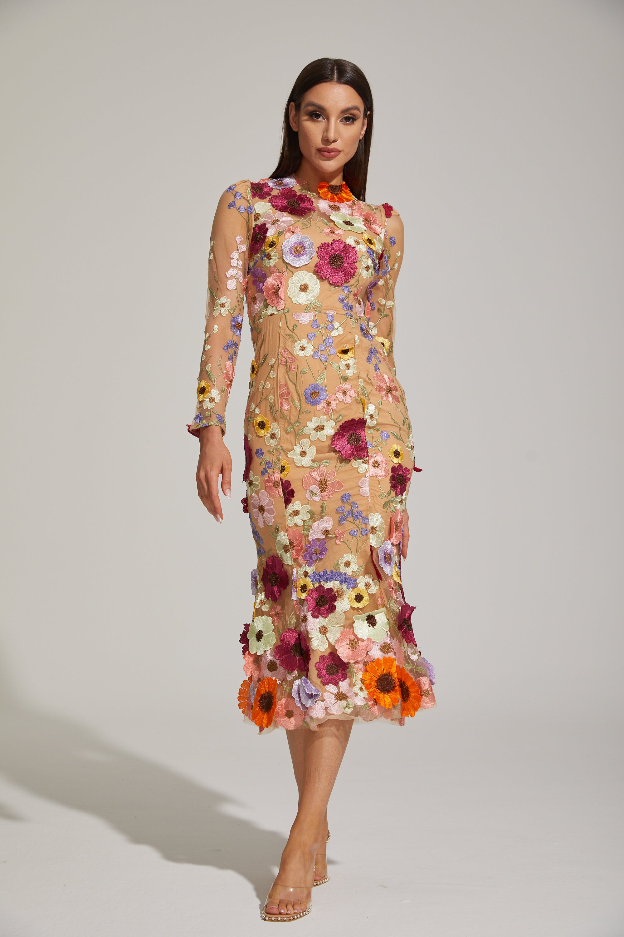 Lilas Enchanted Çiçekli File Midi Elbise