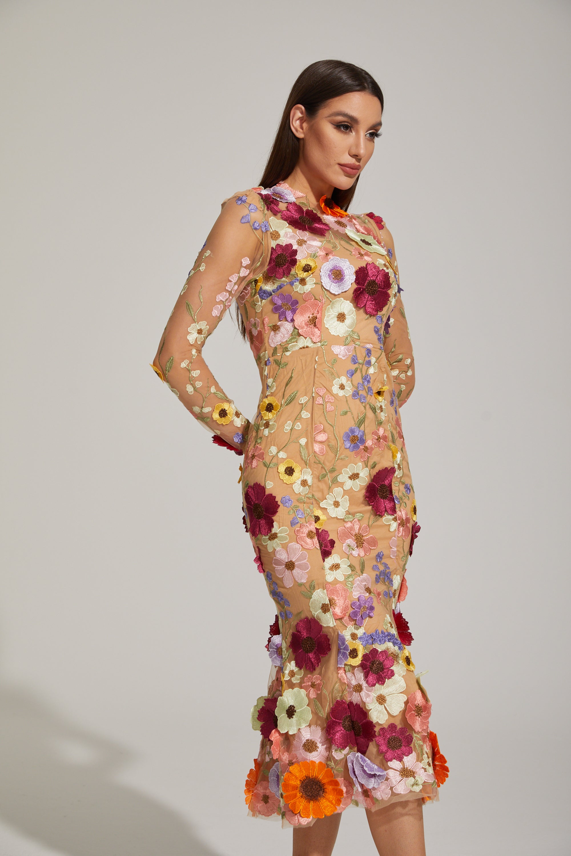 Lilas Enchanted Çiçekli File Midi Elbise