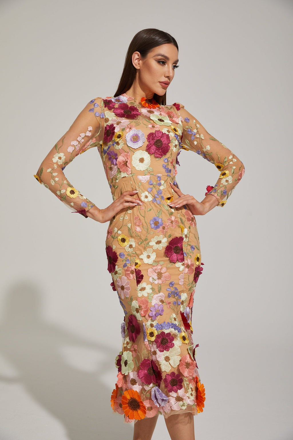 Lilas Enchanted Çiçekli File Midi Elbise