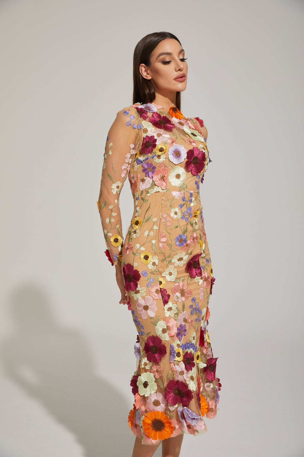 Çiçek Desenli Tül Midi Elbise