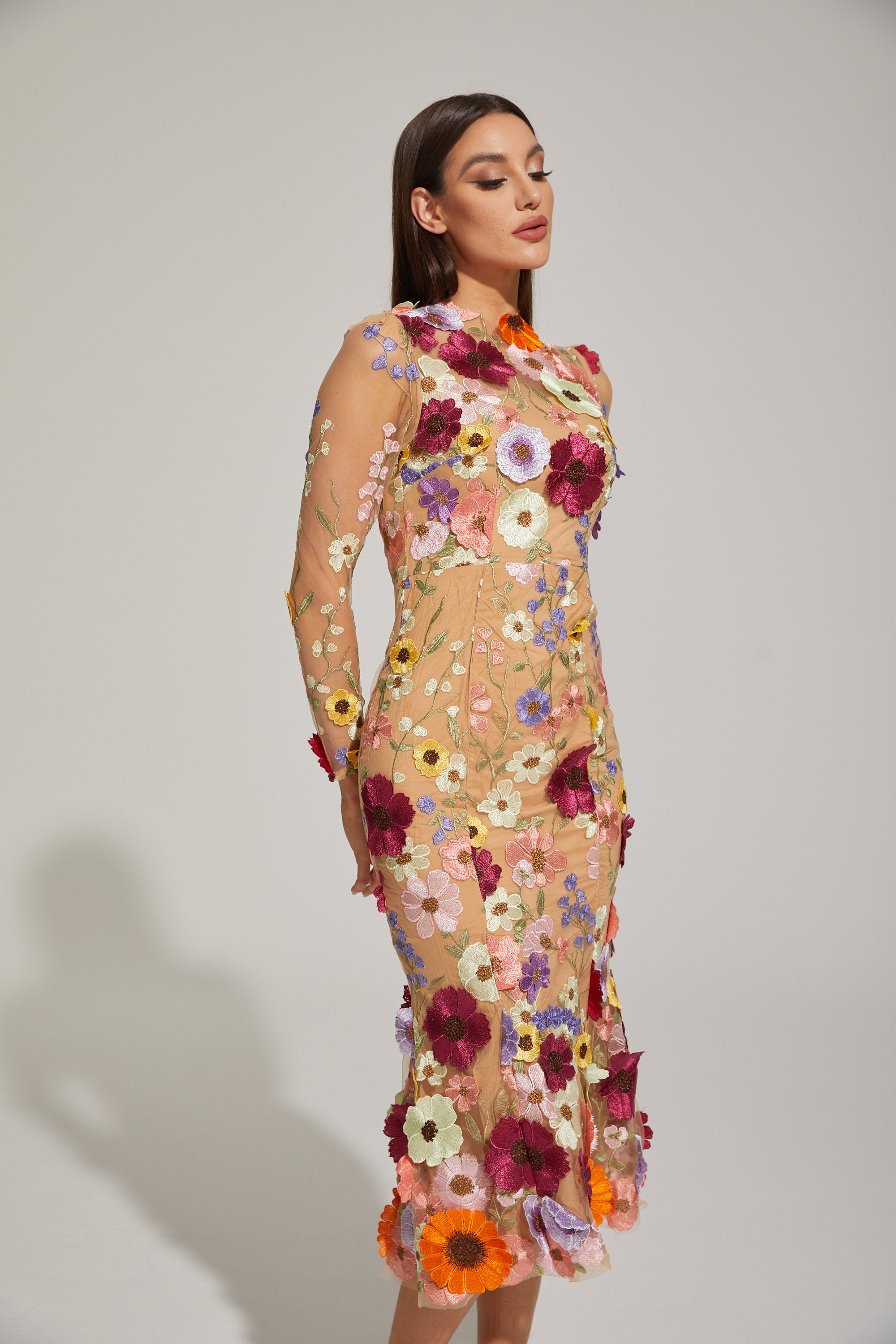 Çiçek Desenli Tül Midi Elbise