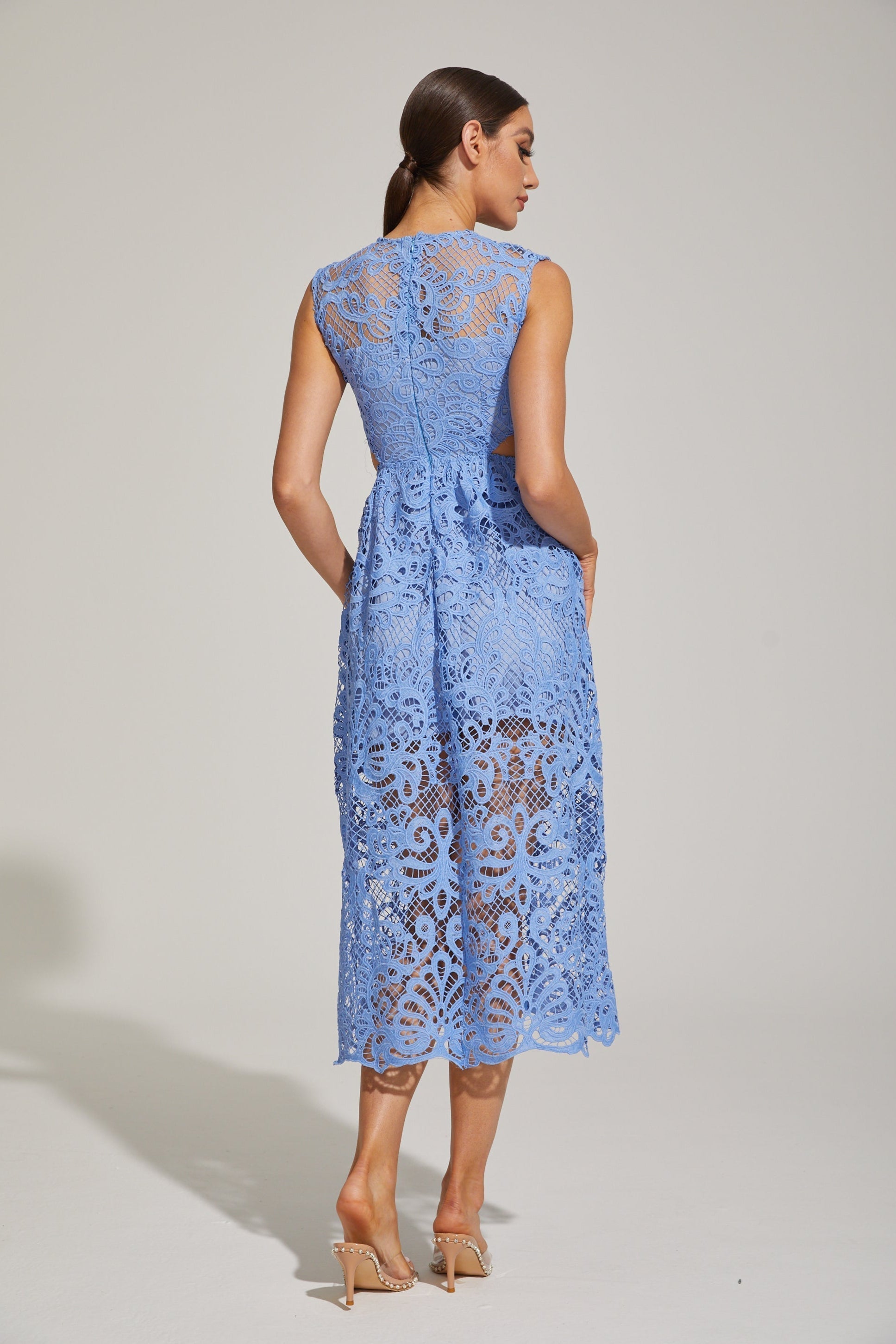 Quitalia Mavi Çiçekli Kesim - Dantel Midi Elbise