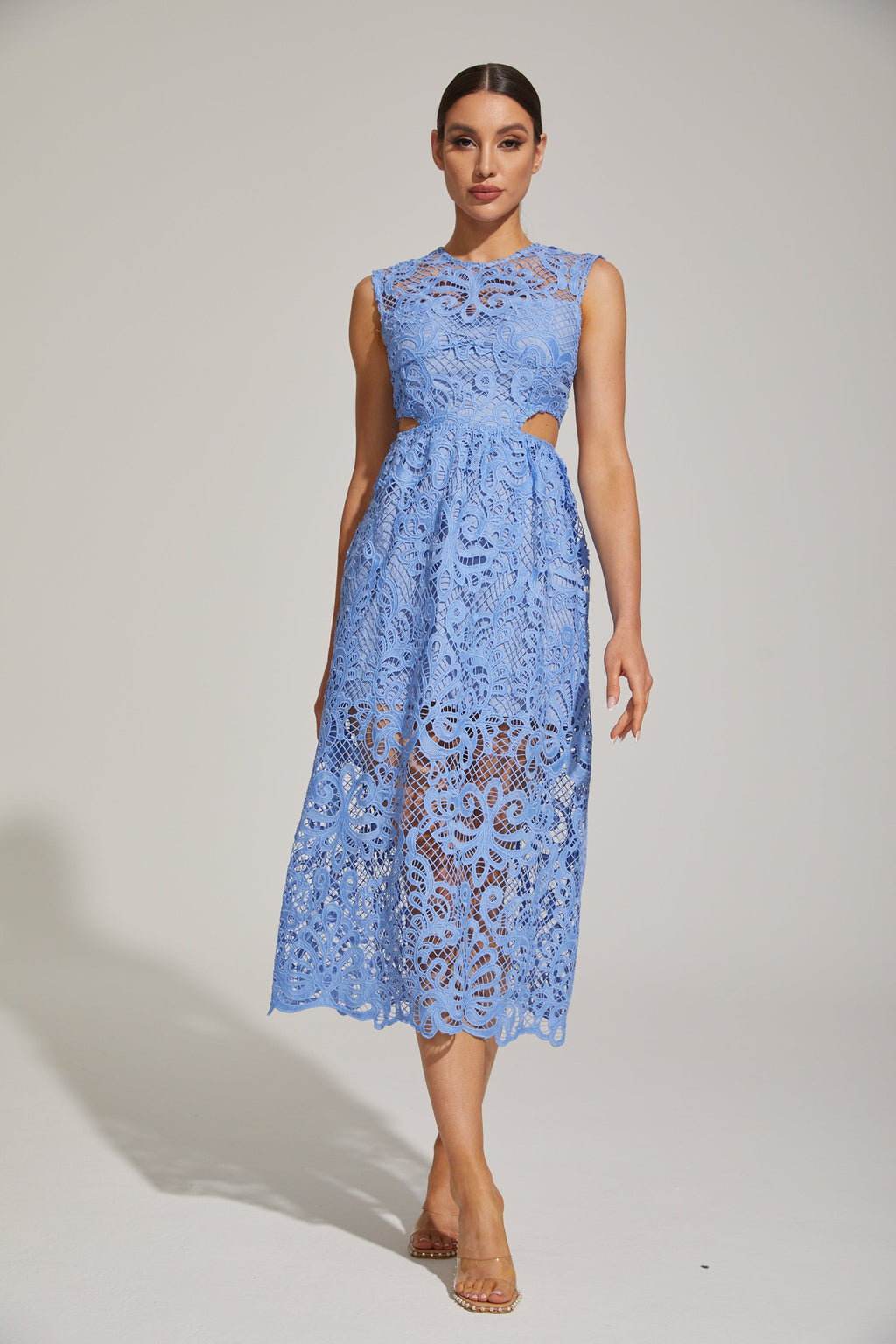 Quitalia Mavi Çiçekli Kesim - Dantel Midi Elbise