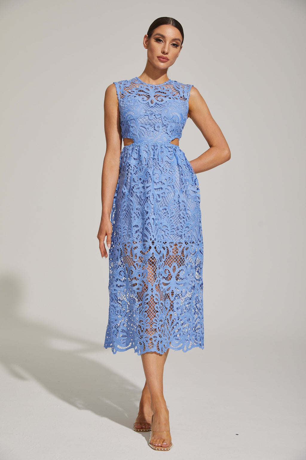 Quitalia Mavi Çiçekli Kesim - Dantel Midi Elbise