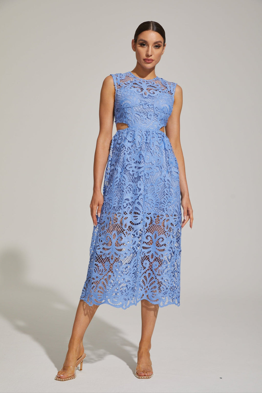 Quitalia Mavi Çiçekli Kesim - Dantel Midi Elbise