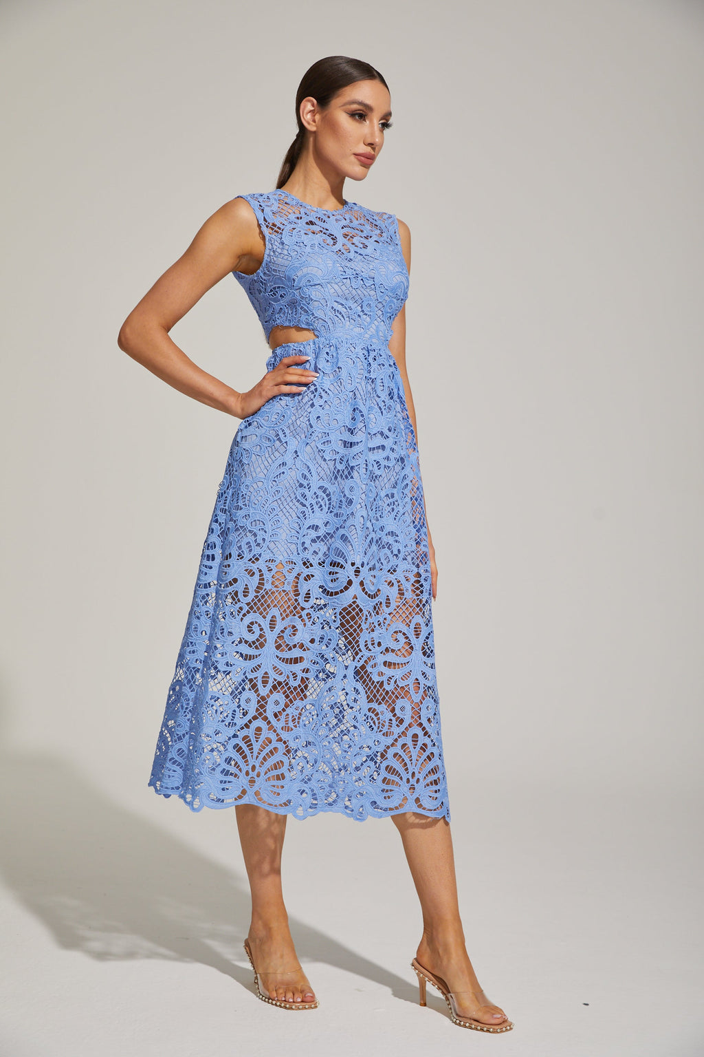 Quitalia Mavi Çiçekli Kesim - Dantel Midi Elbise