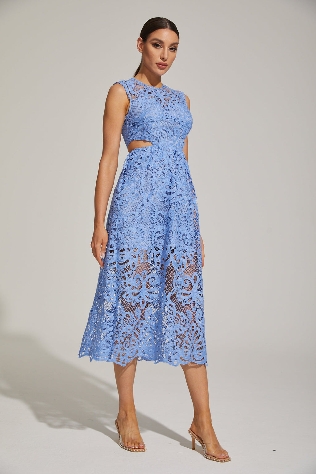 Quitalia Mavi Çiçekli Kesim - Dantel Midi Elbise