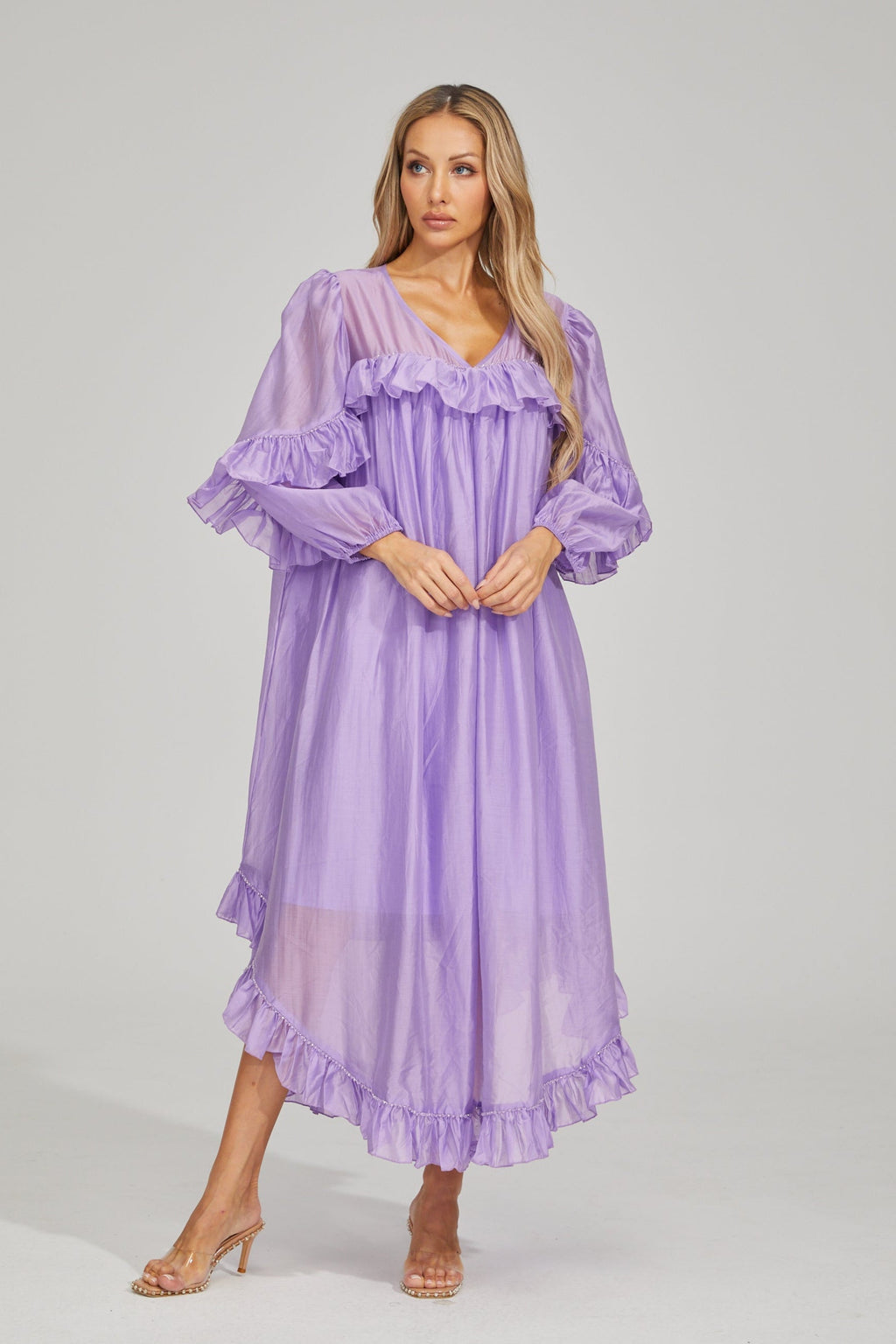 Lavanta Volan Detaylı Maxi Elbise