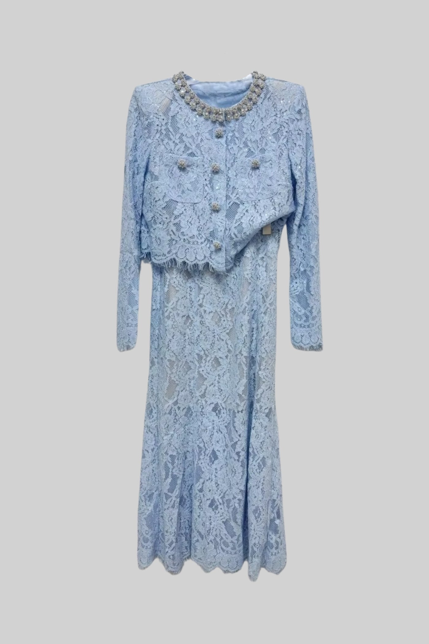 Işıltılı Yaka Süslemeli ve Midi Etekli Dantel Takımı