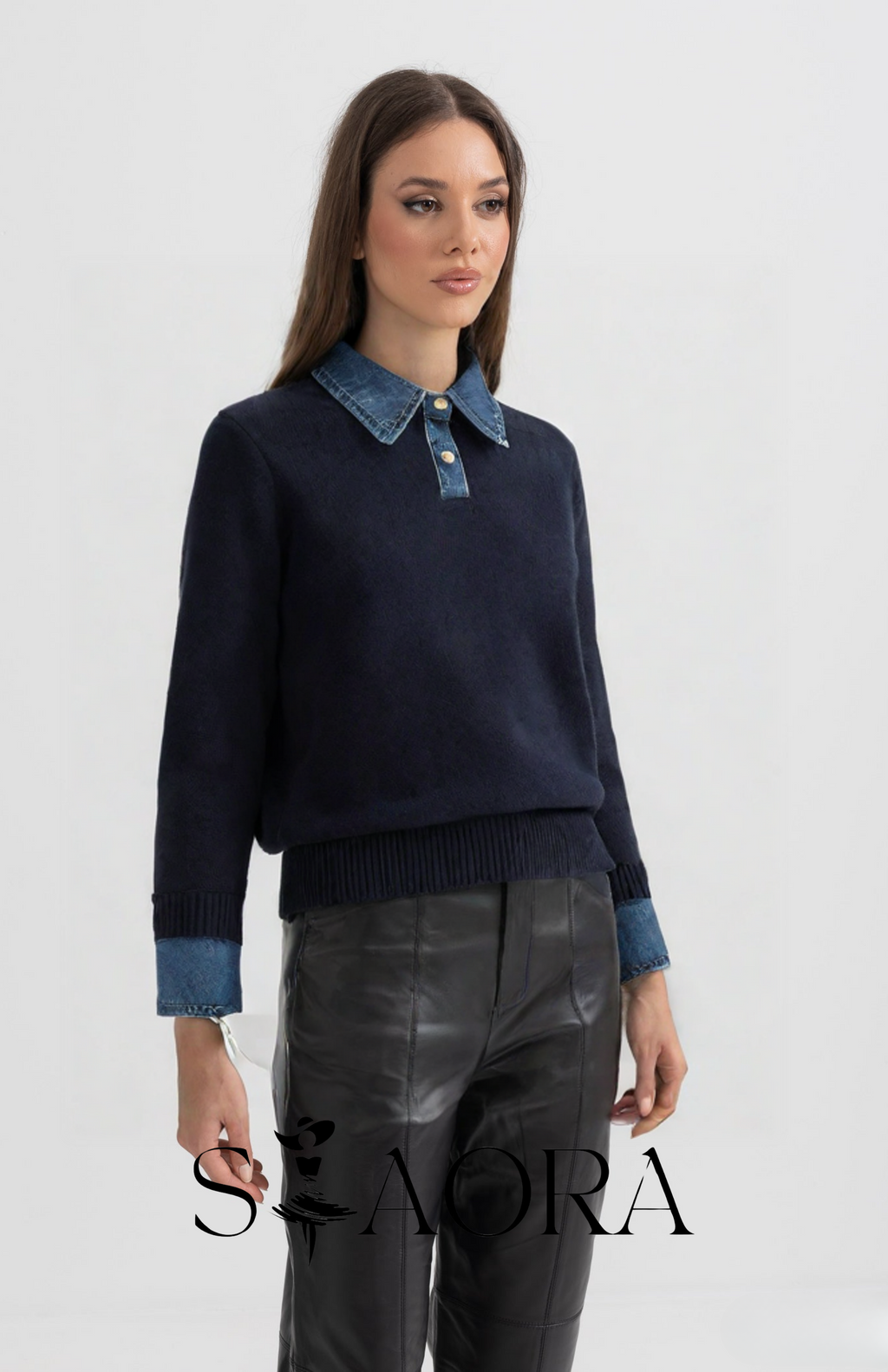 Denim Detaylı Triko Kazak