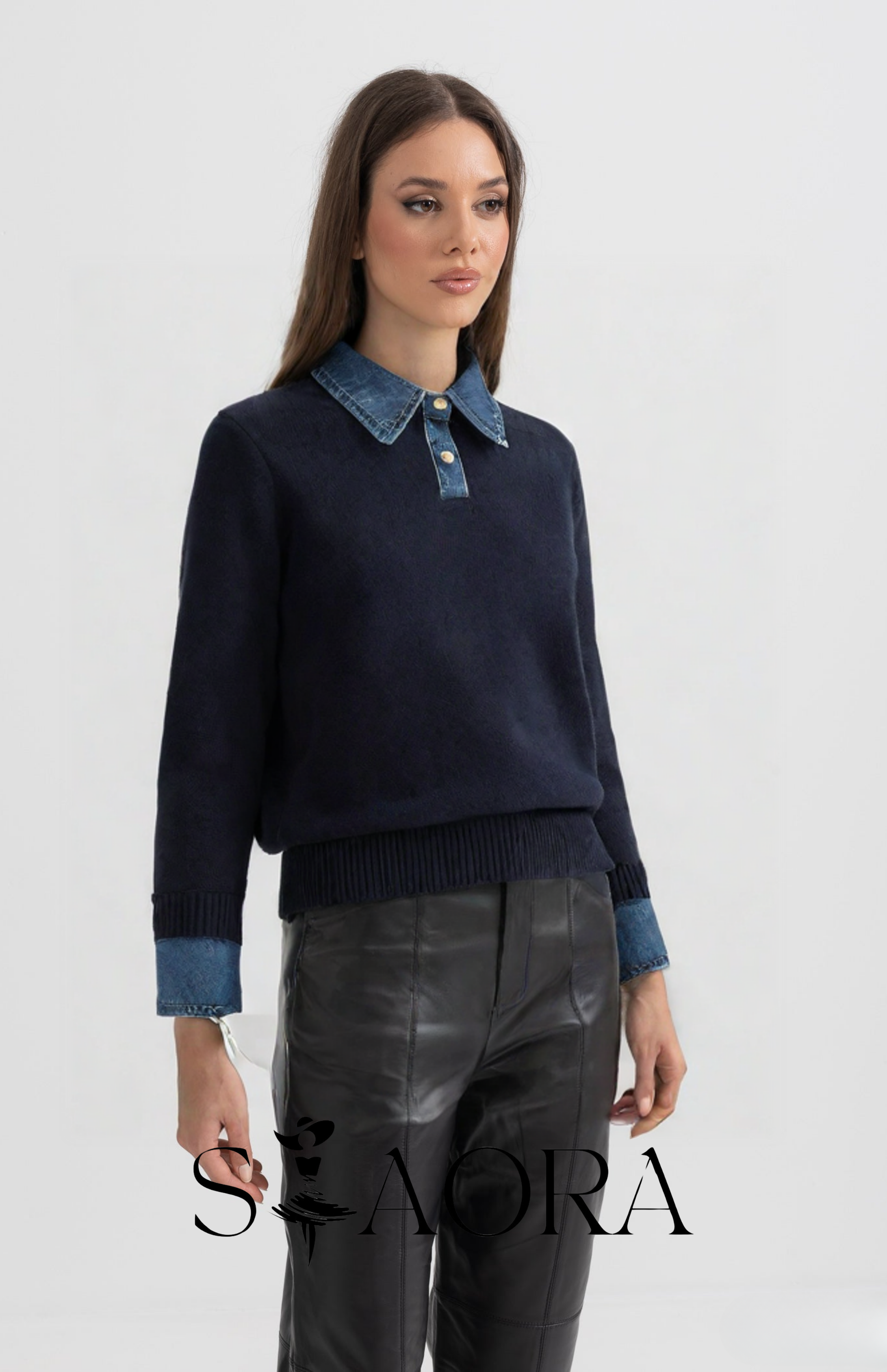 Denim Detaylı Triko Kazak