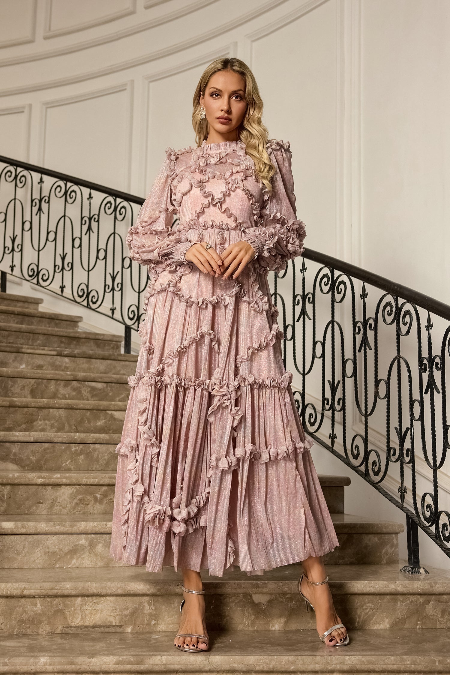 Pembe Uzun Kollu Maxi Elbise