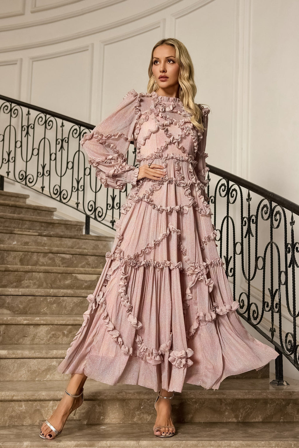 Pembe Uzun Kollu Maxi Elbise