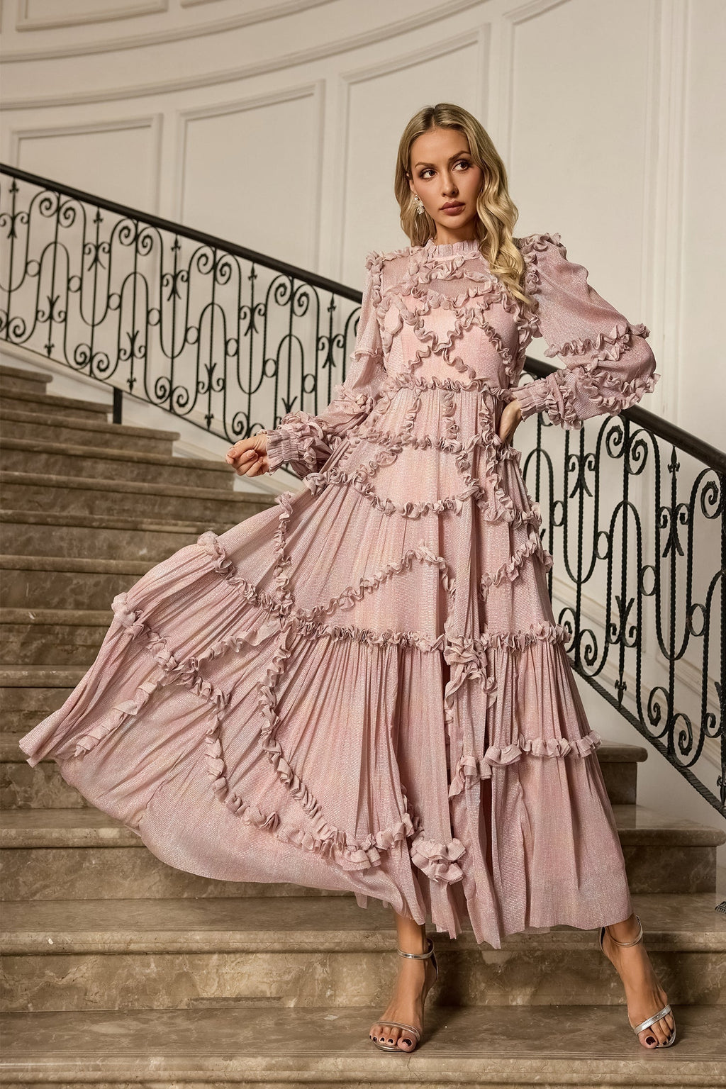 Pembe Uzun Kollu Maxi Elbise