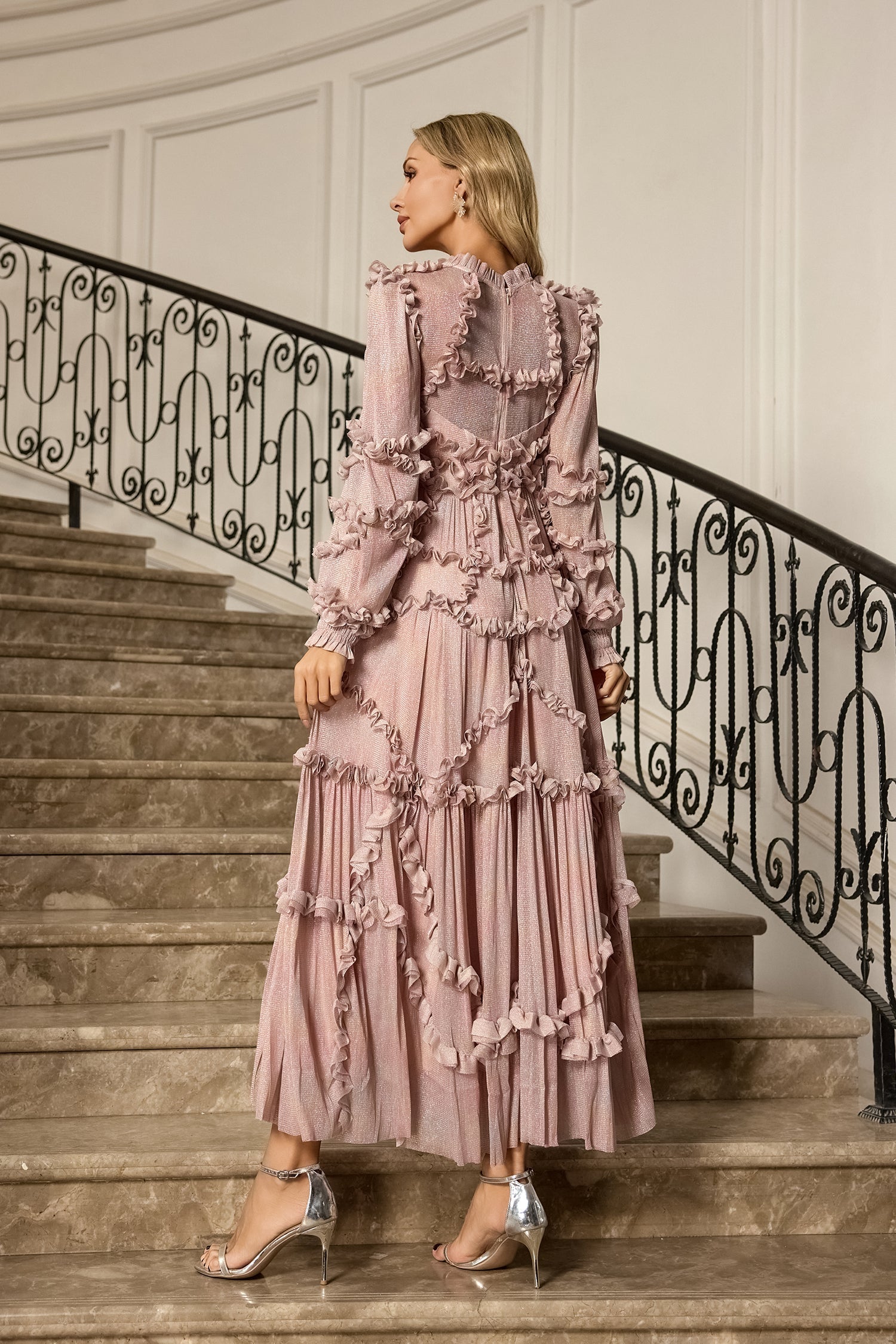 Pembe Uzun Kollu Maxi Elbise