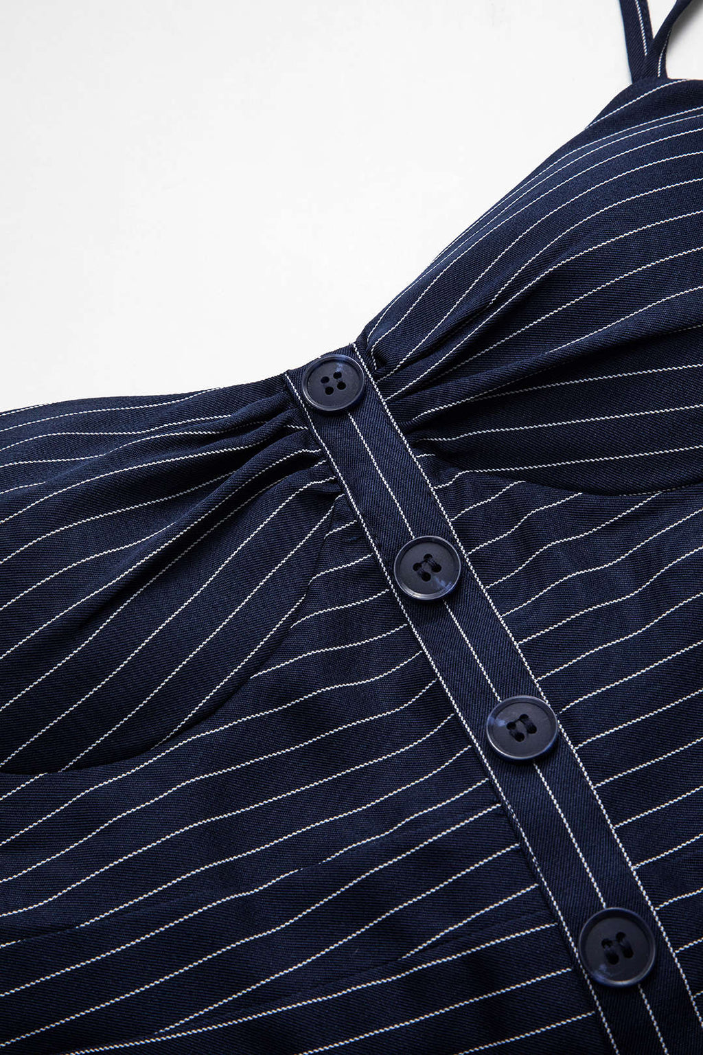 Stripes Button Halter Neck Backless Mini Elbise