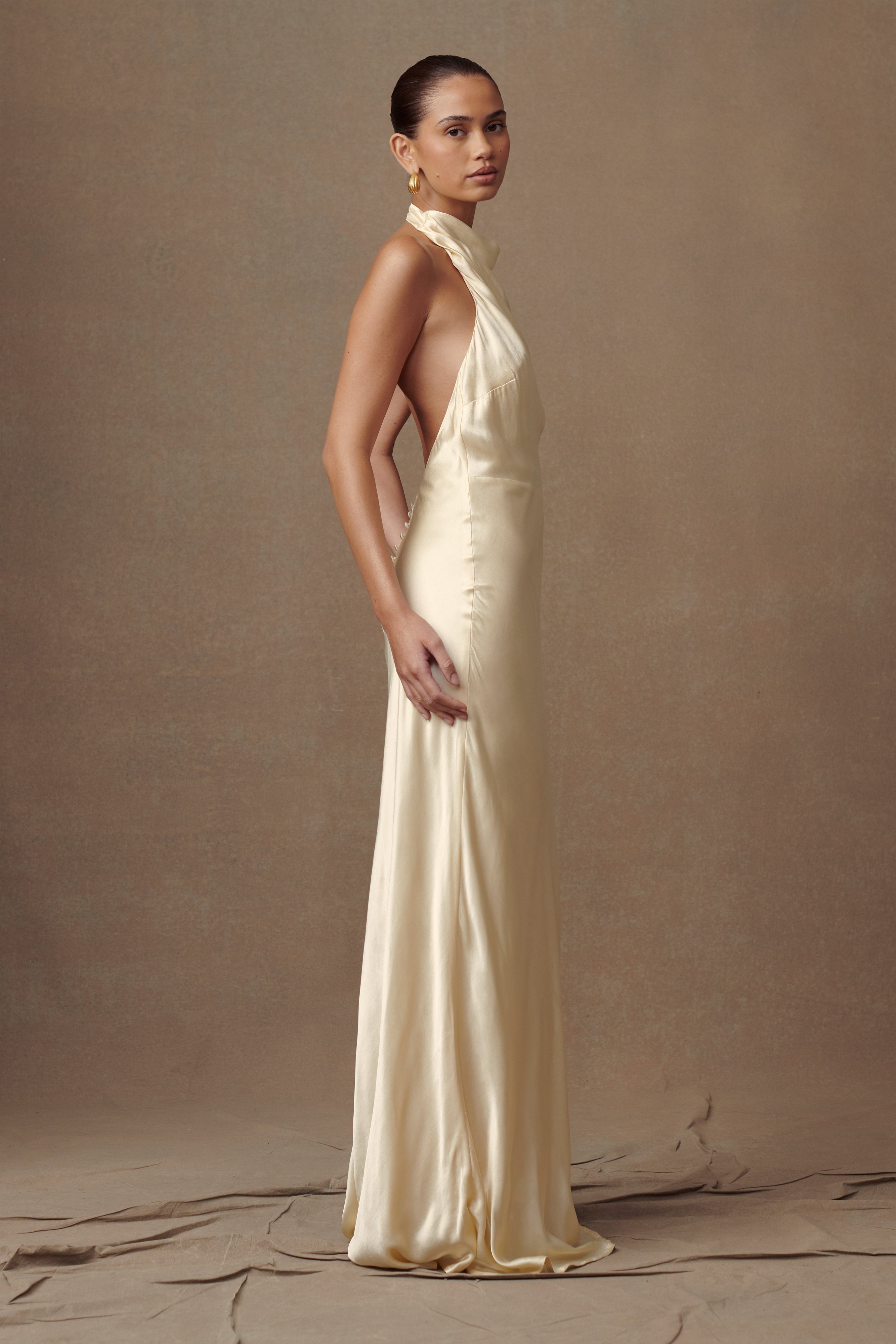 Esther Yanardöner Saten Cowl Maxi Elbise - Limon Şerbeti