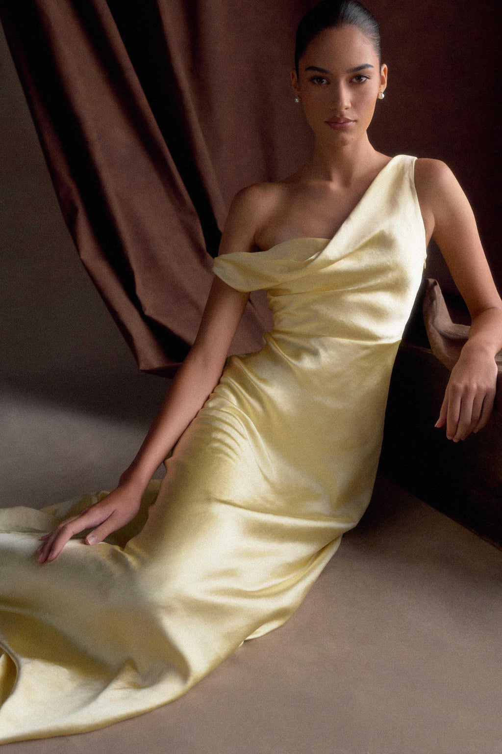 Jacinta Tek Omuz Uzun Elbise - Pastel Limon