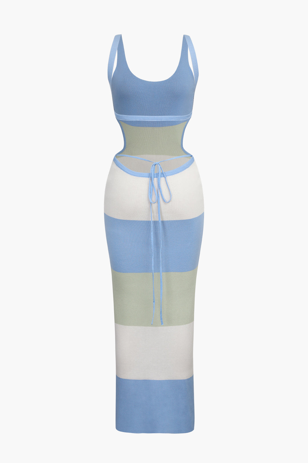 Çok Renkli Çizgili Triko Sırt Açık Maxi Elbise