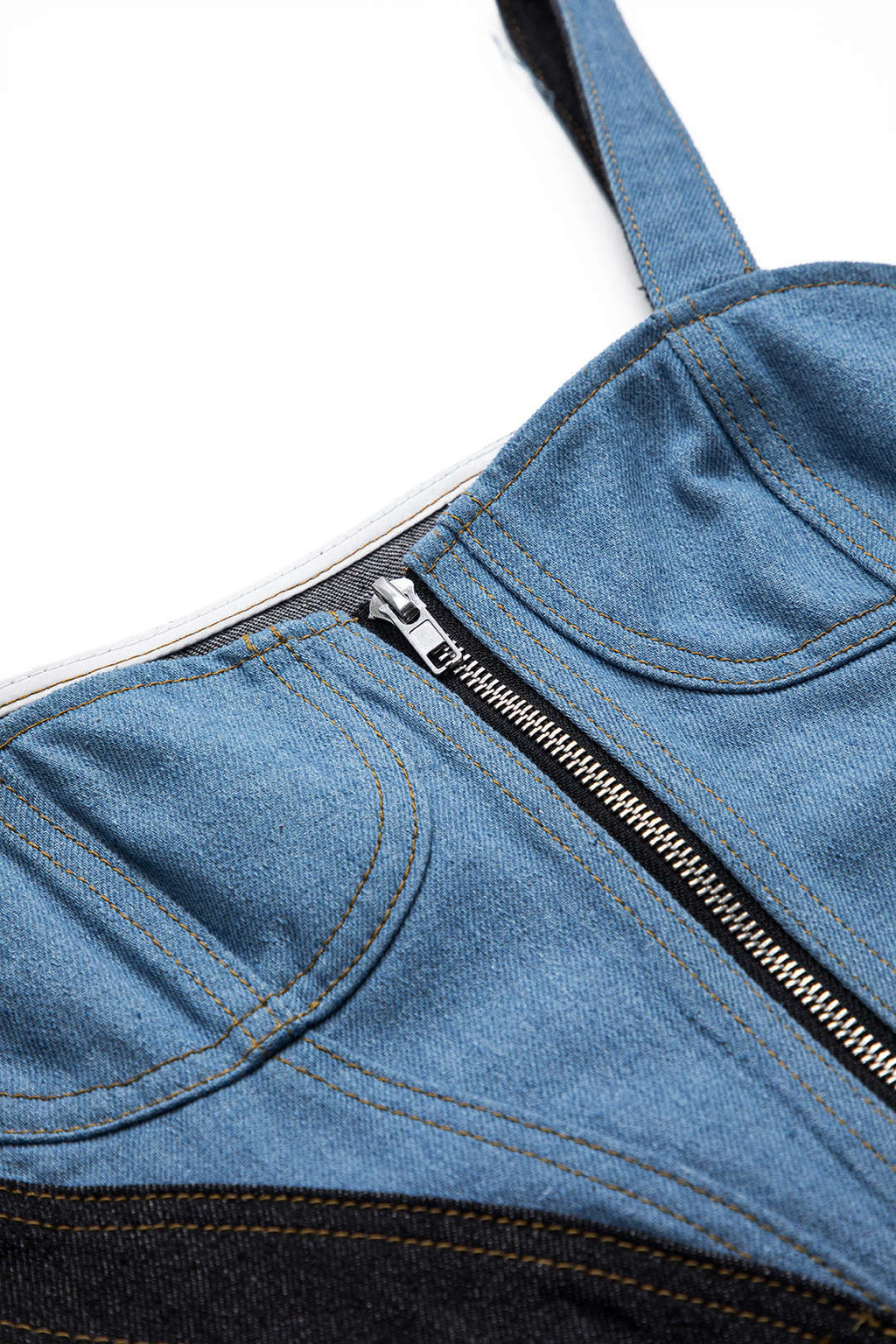 Kontrast Denim Patchwork Fermuarlı Bustiyer Elbise