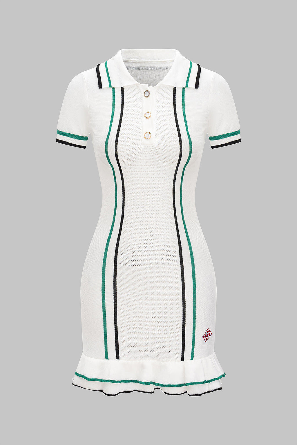 Triko Kontrast Düğme Volan Kısa Kol Elbise