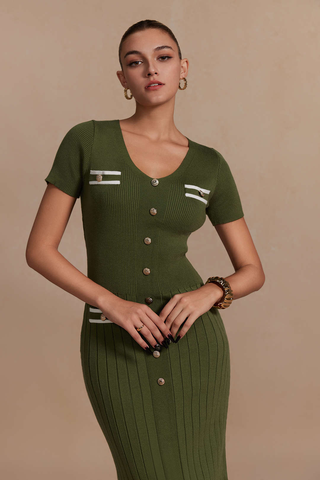 Kanalı Ribanalı V Yaka Midi Elbise