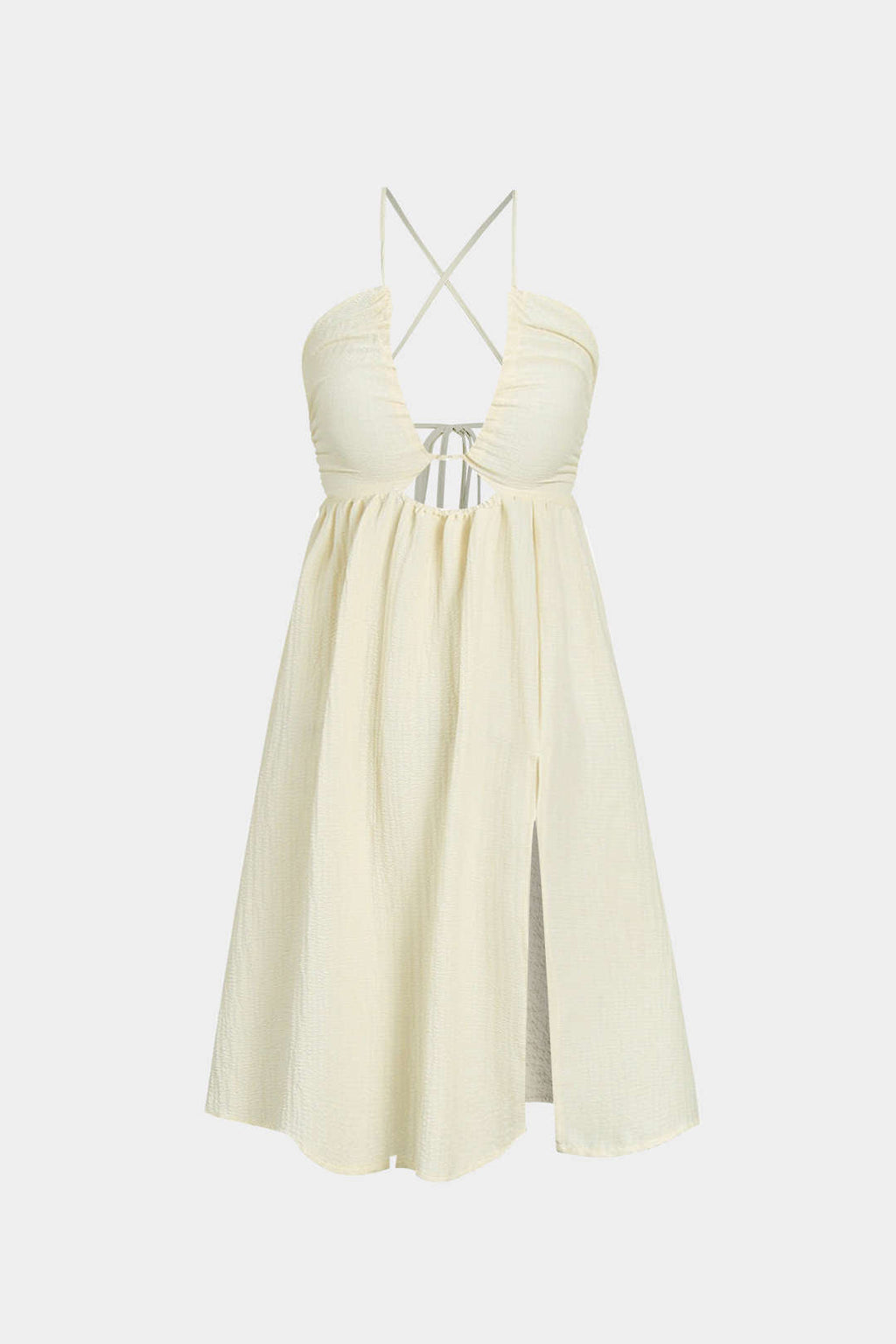 Sırt Dekolteli V Yaka Yırtmaçlı Midi Elbise