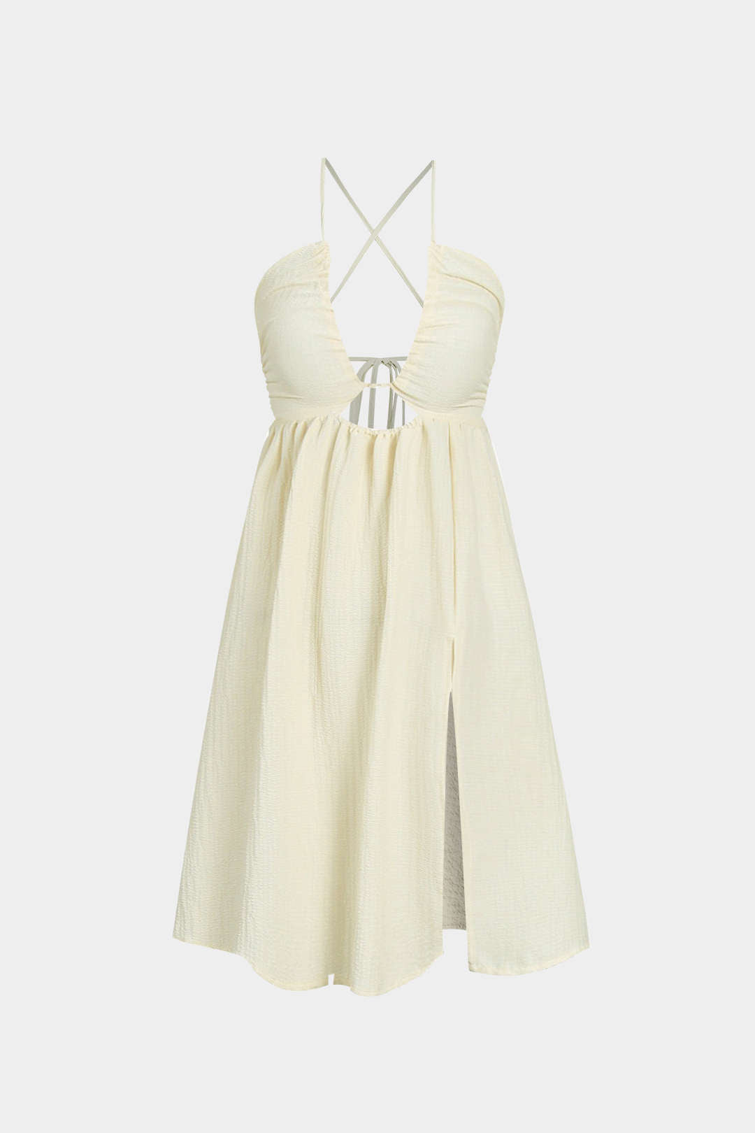 Sırt Dekolteli V Yaka Yırtmaçlı Midi Elbise