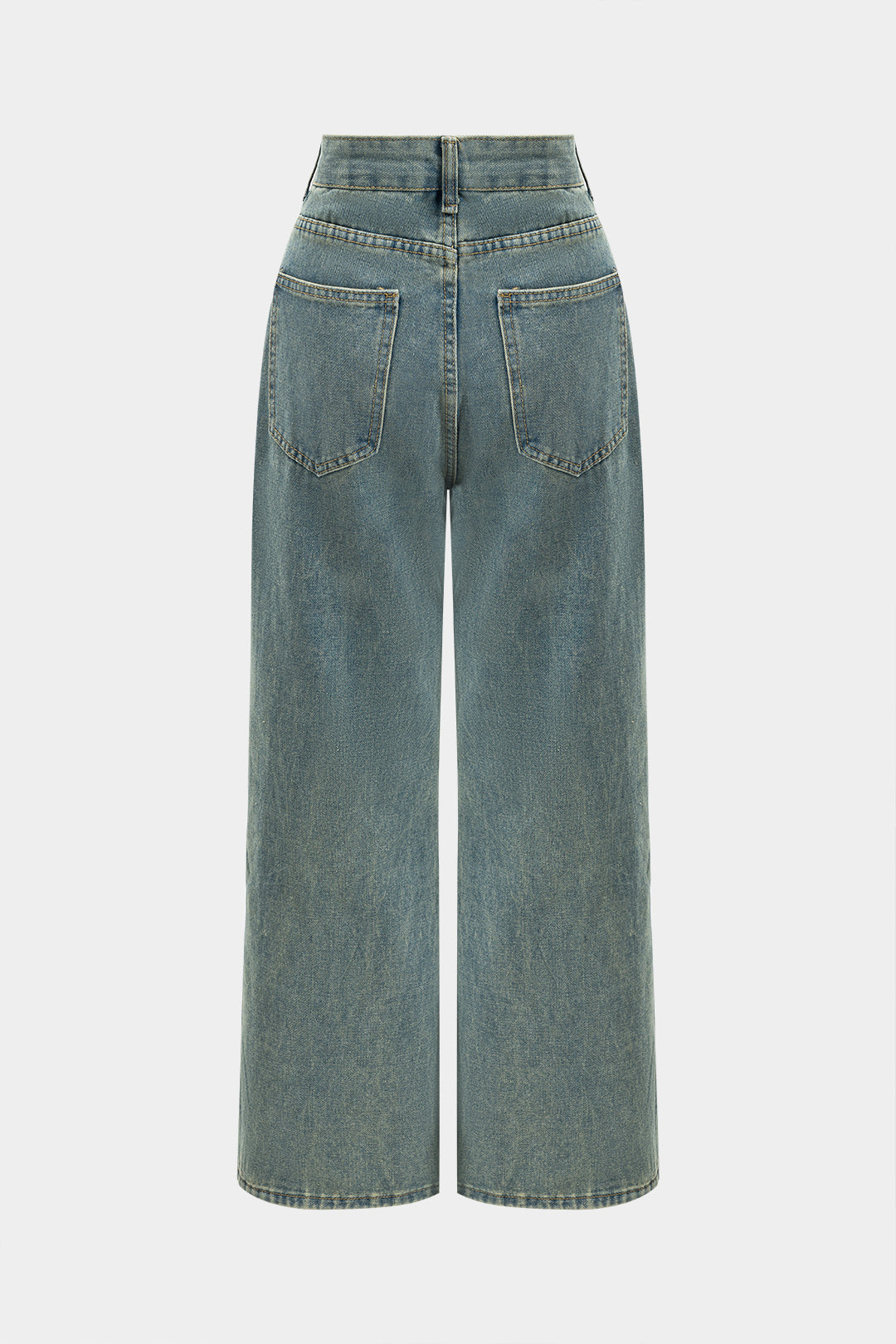 Denim Yama Detaylı File Düğmeli Cep Kesik Detaylı Geniş Paça Jean