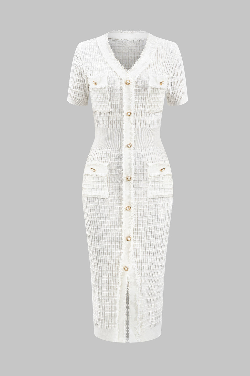 Örgü V-Yaka Düğmeli Kısa Kol Elbise