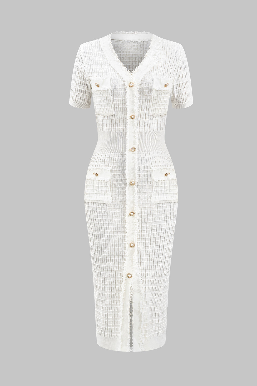 Örgü V-Yaka Düğmeli Kısa Kol Elbise