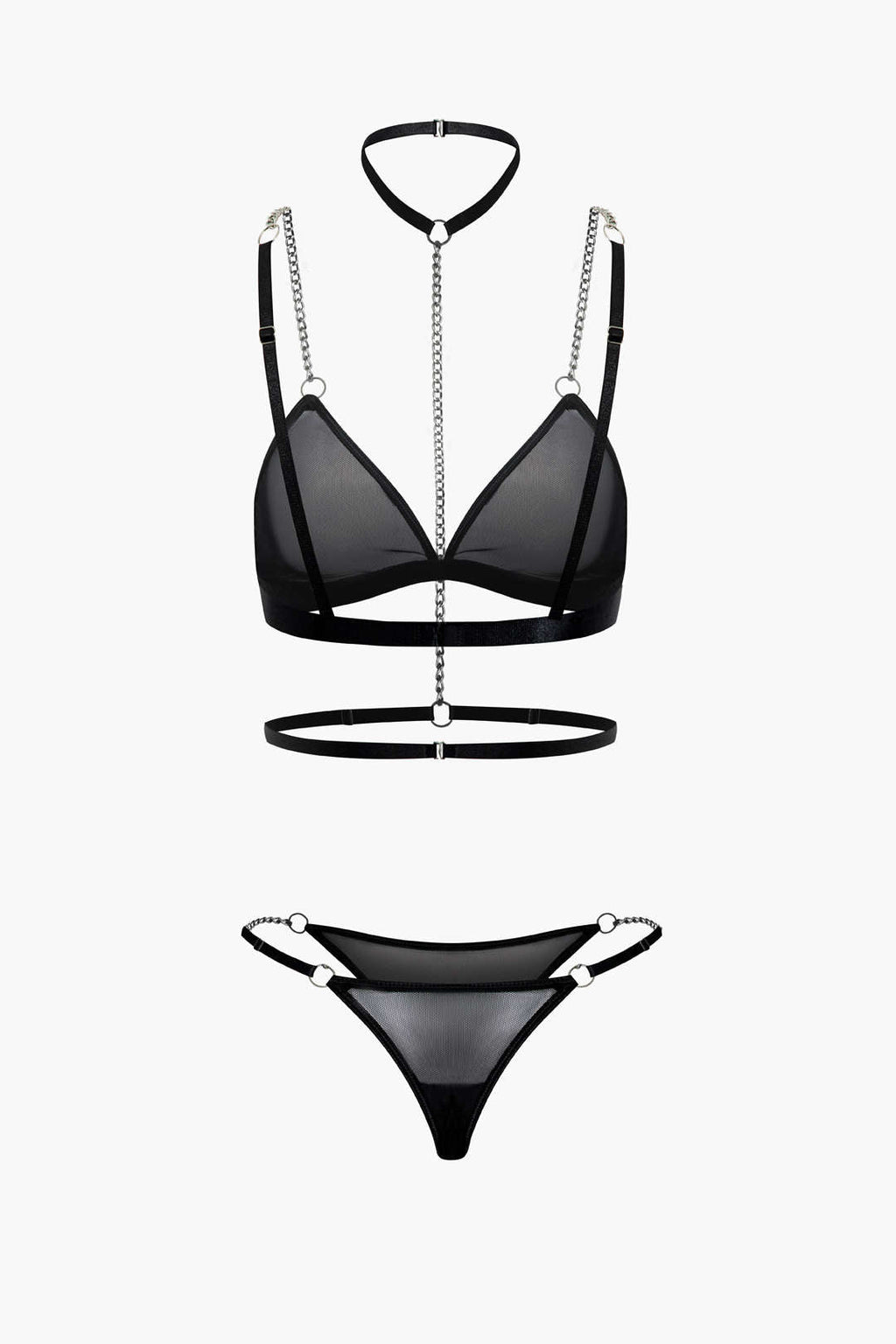 File Şeffaf Zincir Detaylı İki Parçalı İç Giyim Seti ve Choker