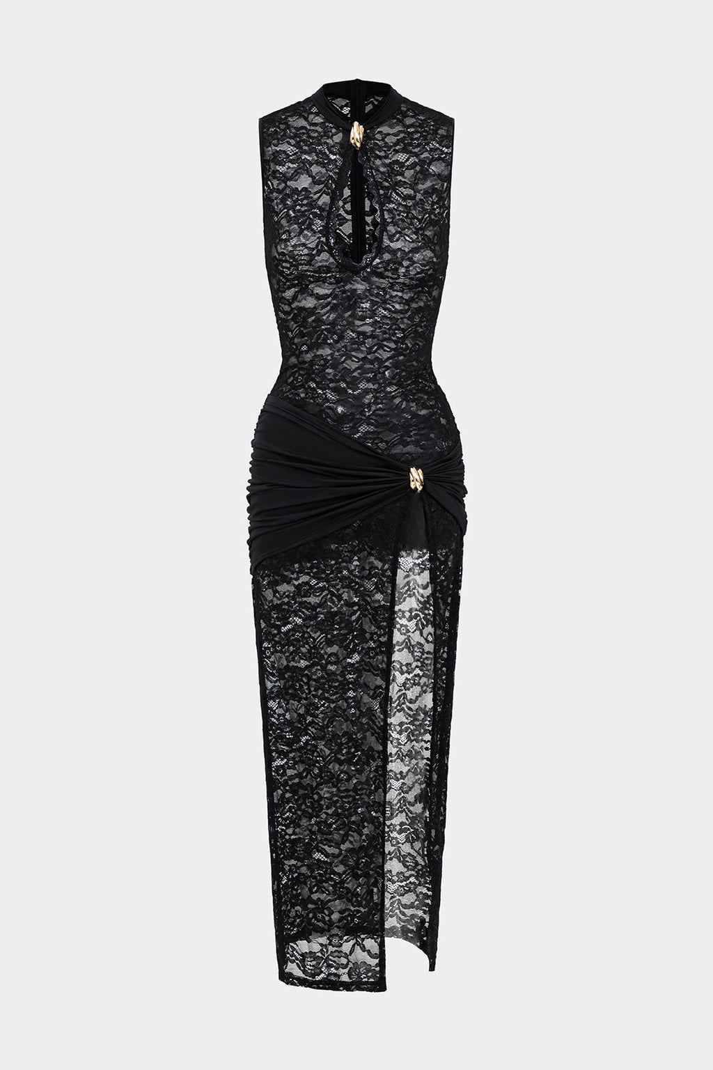 Dantel Metalik Kırışık Kesik Fermuar Yırtmaçlı Maxi Elbise