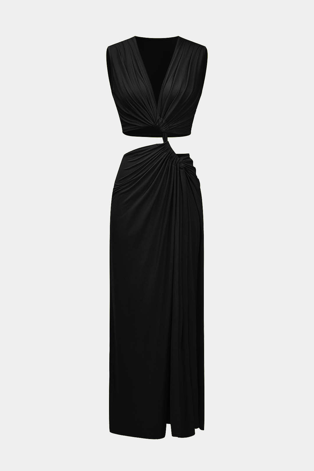 Kesik Detaylı Dönme Bağlama Kolsuz Yırtmaçlı Midi Elbise