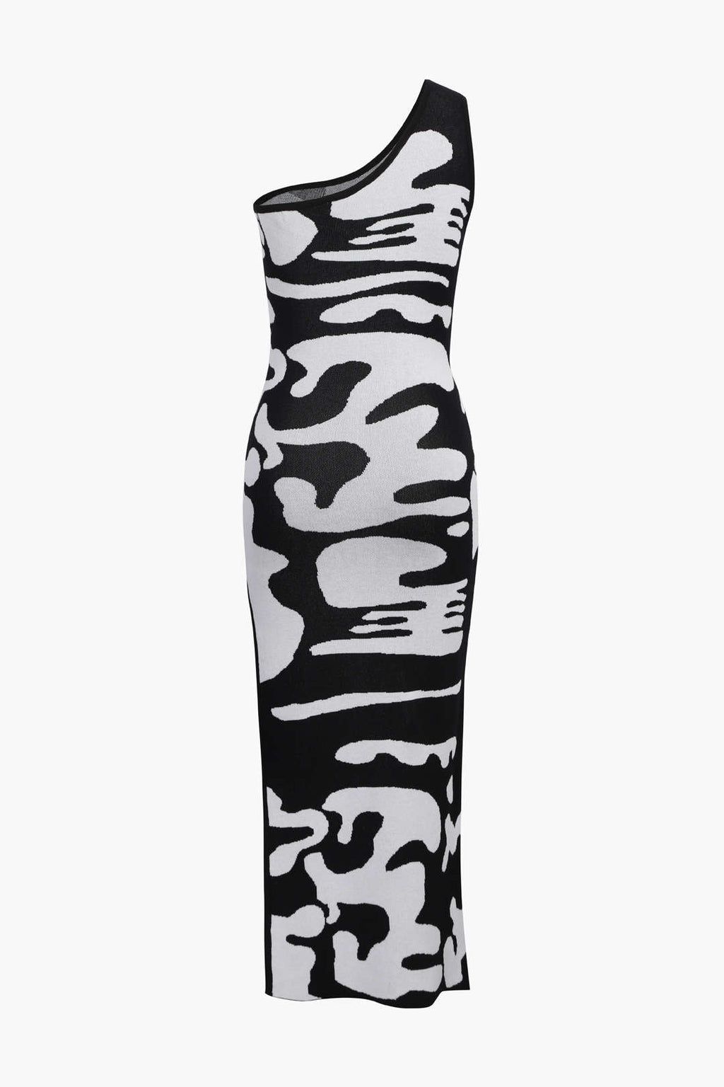 Renk Bloklu Tek Omuz Yırtmaçlı Örgü Elbise