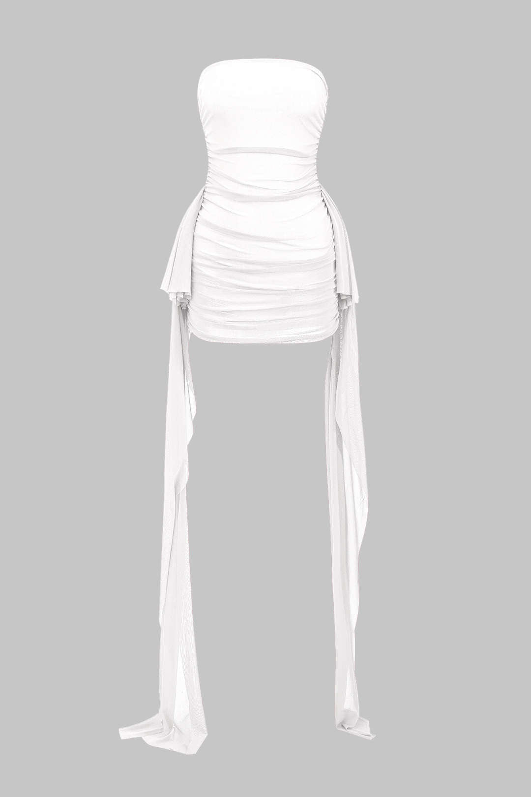 Ağ Mesh Ruched Straplez Mini Elbise