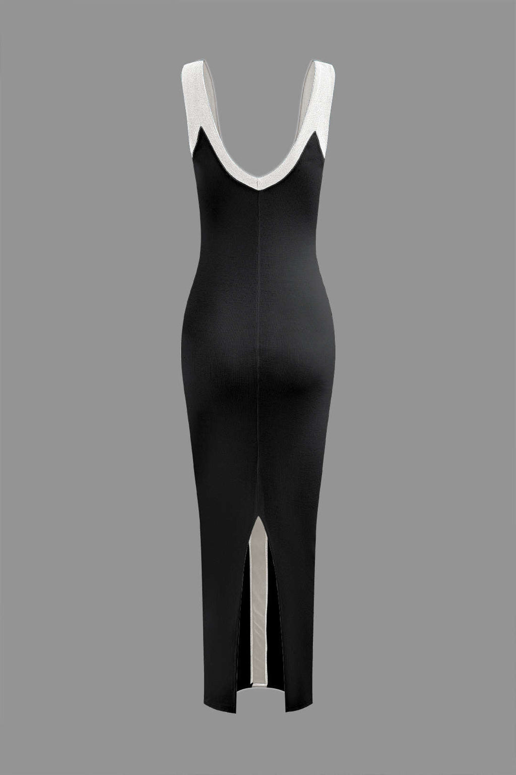 Renk Bloklu V Yaka Ribana Kesik Maxi Elbise