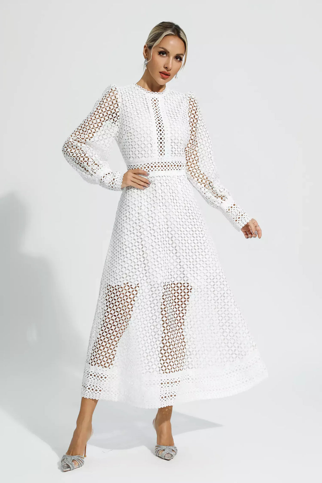 Monroe Beyaz Hollow Uzun Kollu Maksi Elbise