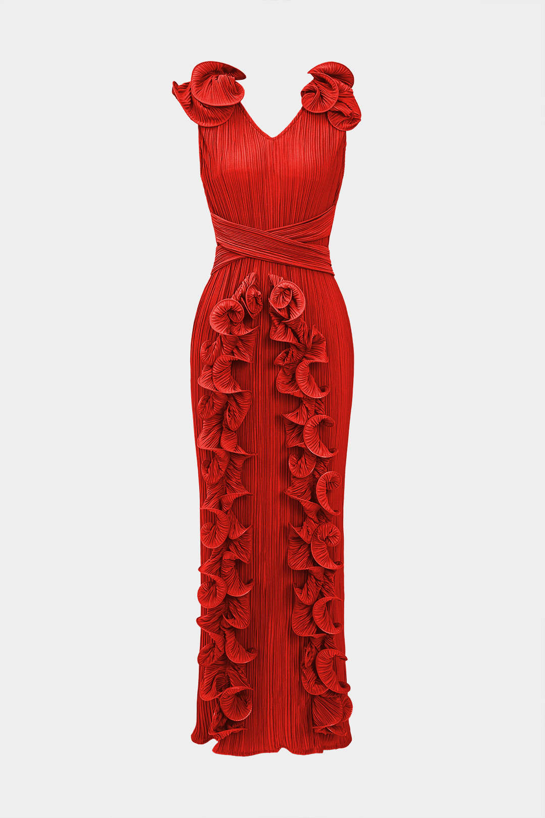 3D Çiçek Desenli V Yaka Midi Elbise