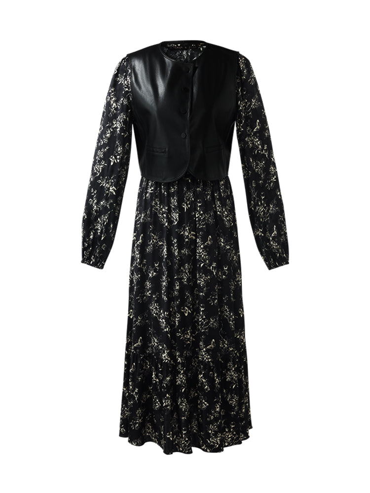 Çevre Dostu Kürk Yelek ve Çiçek Desenli Elbise İkili Takım