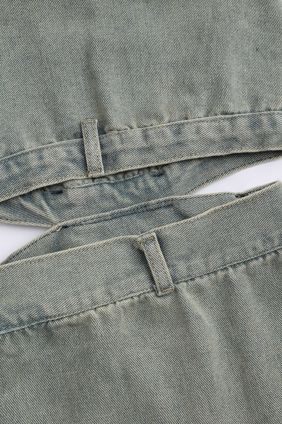 Denim Kesik Detaylı Düğmeli Cep Geniş Paça Jean