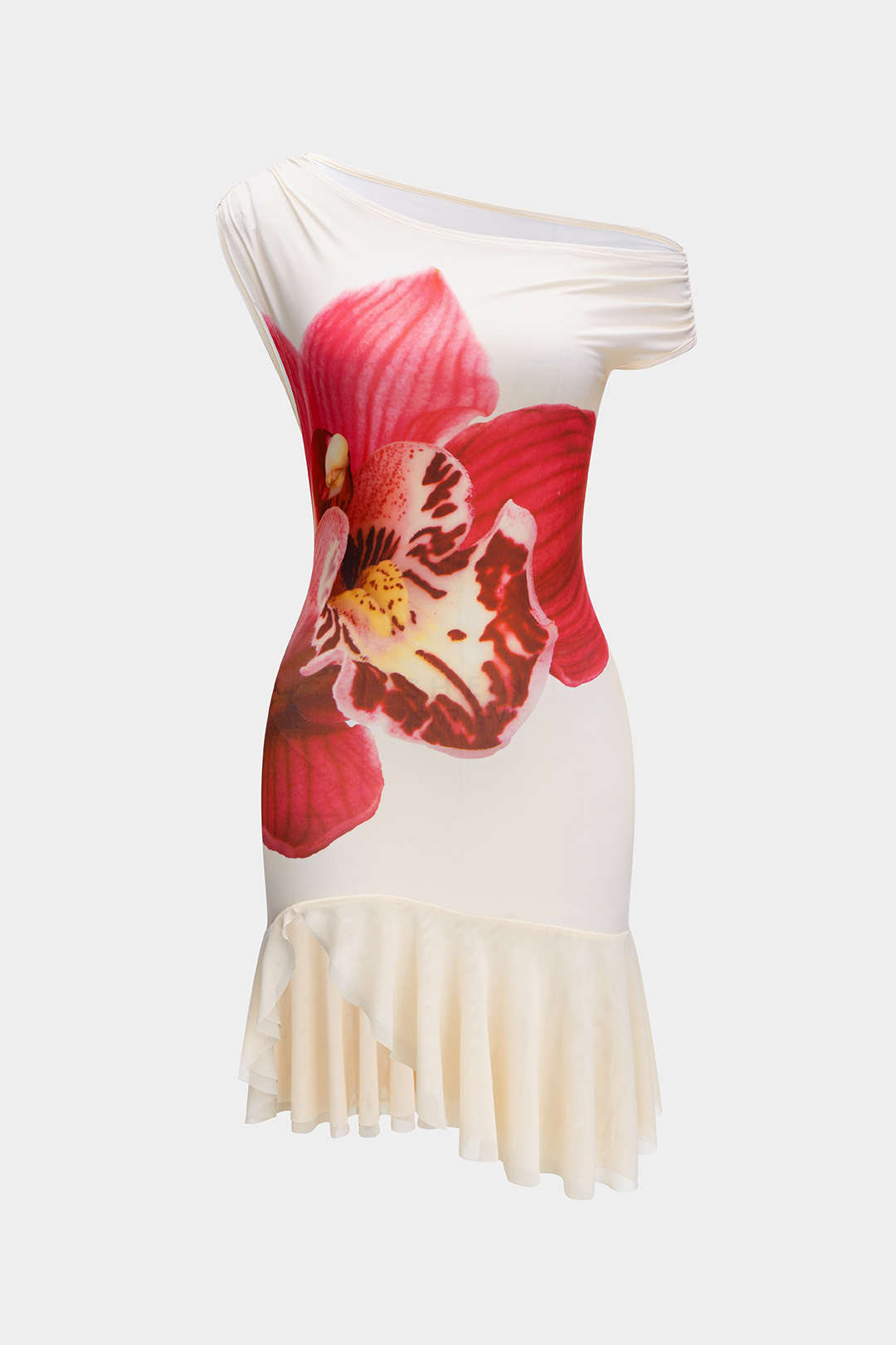 Çiçek Desenli Asimetrik Mini Elbise