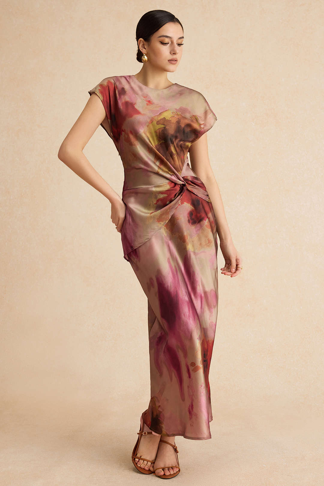 Tie Dye Fırfırlı Kesik Düğme Dönüşüm Knot Midi Elbise