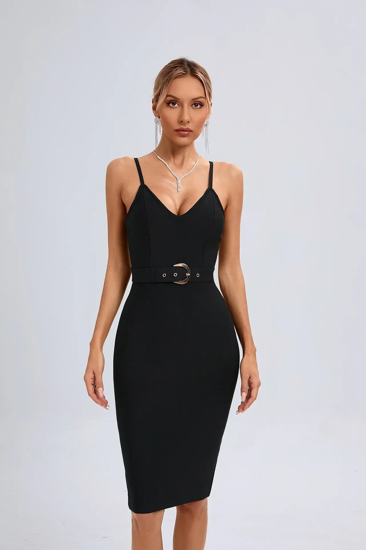 Evelina V Yaka Midi Elbise Siyah