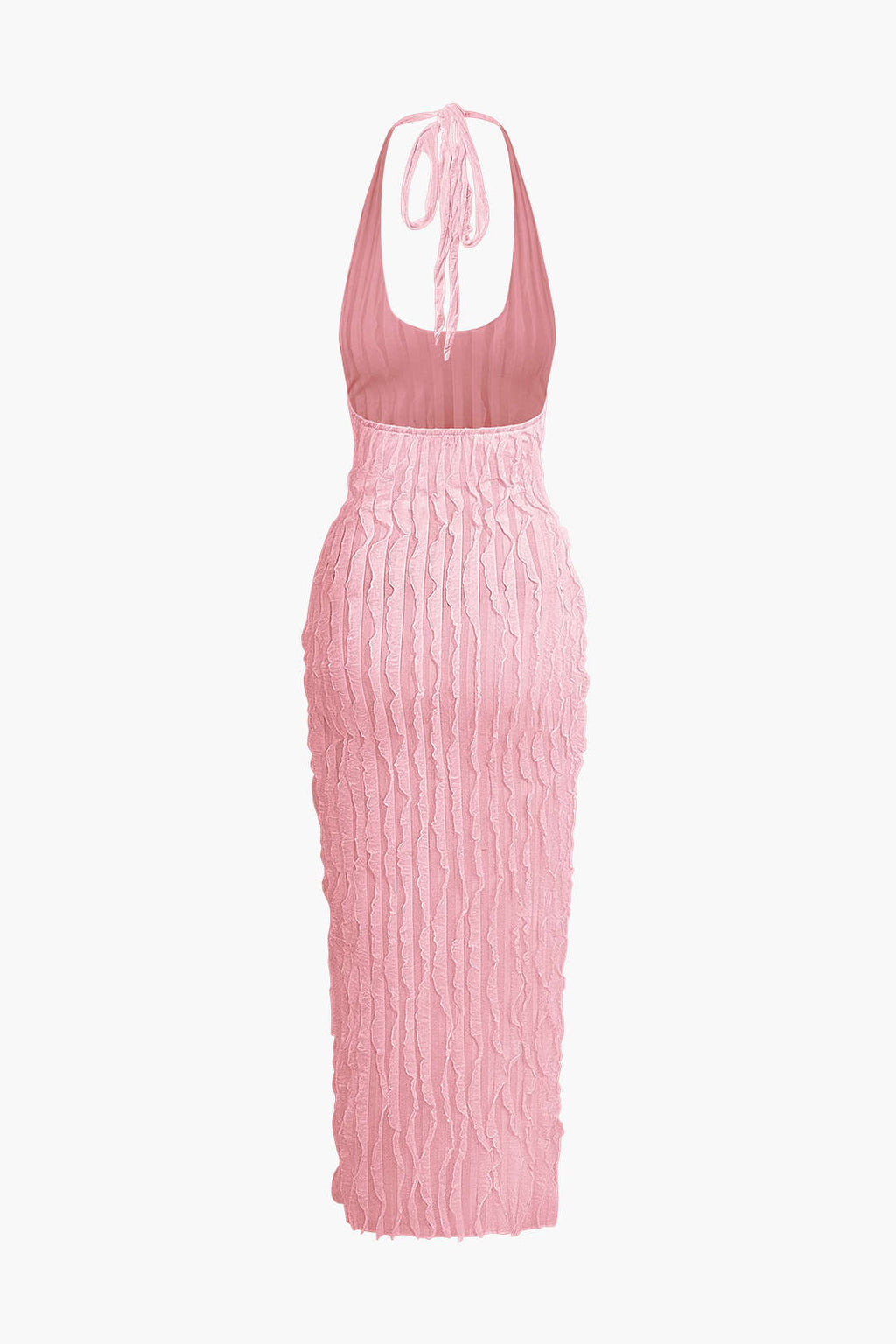 Şeffaf Volanlı Doku Halter Sırt Açık Maxi Elbise